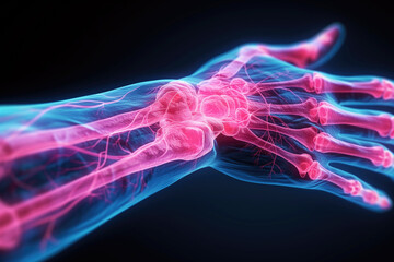 Carpal tunnel syndrome, bone fracture and inflammation, broken arm, diseases of the joint, pain in the hand on a black background, health problems concept - obrazy, fototapety, plakaty