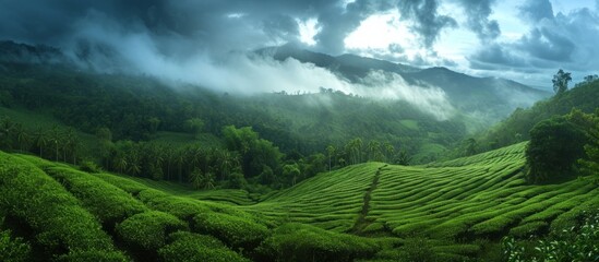 Serene Green Tea Plantation Scene in the Breathtaking Cameron Highlands Landscape - obrazy, fototapety, plakaty