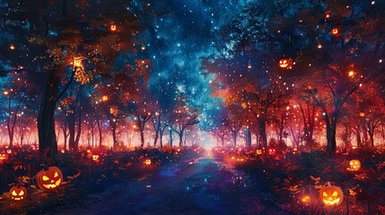 Halloween Pathway: Jack-o'-Lanterns Under Starry Sky Collage

