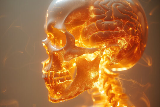 Human skull and brain on a yellow background, medical x-ray image, neurology concept