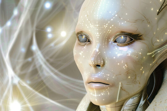 White humanoid aliens with large round heads. Polar Star Seed, a beautiful race of intelligent life. Very light and pale skin. Ethereal figure