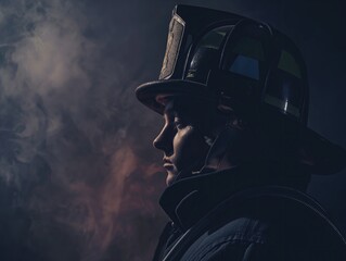 Brave Fireman's Profile in the Midst of Smoke - obrazy, fototapety, plakaty