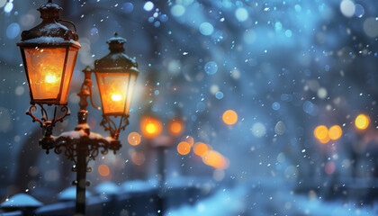 Against the blurred backdrop of falling snow, the glow of street lamps created a cozy ambiance that invited passersby to linger a little longer.