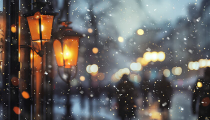 Against the blurred backdrop of falling snow, the glow of street lamps created a cozy ambiance that invited passersby to linger a little longer. - obrazy, fototapety, plakaty