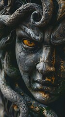 Medusa Inspired Sculpture Close-Up: Mystical Gaze Amidst Serpentine Locks