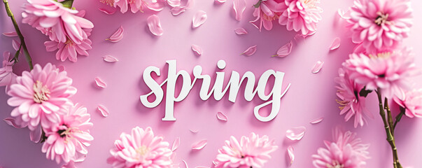Fototapeta na wymiar Lettering spring with plants, leaves and colorful flowers on pink background. Hello spring, 1 march concept. Template for greeting card, invitation, banner, poster