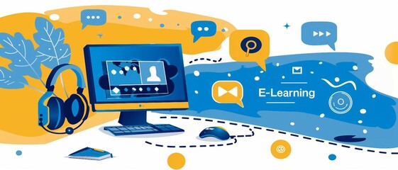 a banner design with the text E-Learning. Online education concept. 