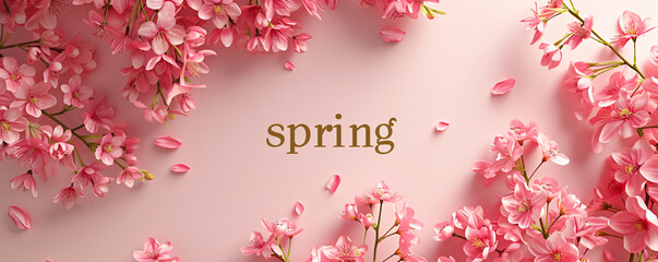 Lettering spring with plants, leaves and colorful flowers on pink background. Hello spring, 1 march concept. Template for greeting card, invitation, banner, poster