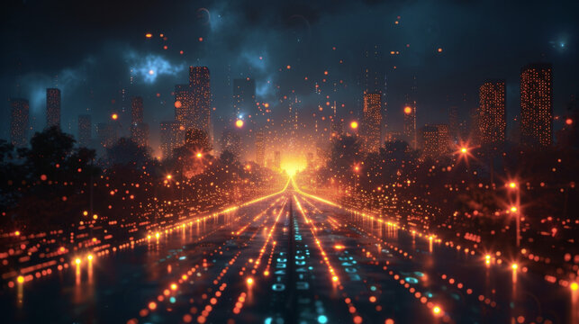 Bright neon lights illuminate a darkened cityscape with a grid of numbers and symbols projected onto its skyscrapers. The grid morphs and shifts representing the dynamic nature