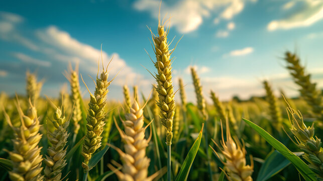 Golden Wheat Field Under a Clear Blue Sky with Clouds - High-Quality, Vibrant and Detailed Agricultural Landscape Image