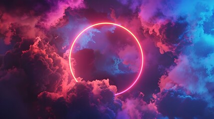 The effect of glowing clouds in the ring with colored neon light. Generative Ai