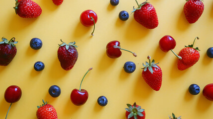 Cherries strawberries blue berries on yellow background