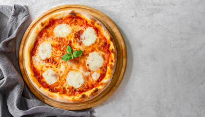 Pizza. top view of Delicious pizza Margherita with copy space, unhealthy food, fast food