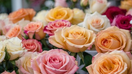 Close-up of a lush bouquet of roses in varying shades of pink and cream, exuding elegance and romance