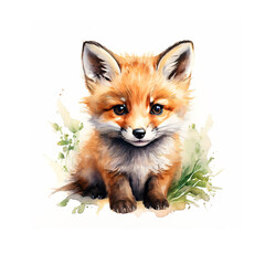 Cute little fox isolated on white background. Watercolor illustration