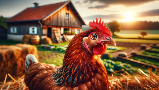 Charming chicken portrait in a farm setting, showcasing vibrant plumage and lively spirit against a barn and countryside backdrop. 