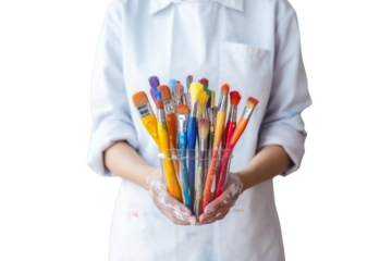 Woman painter hands holding set of paintbrushes and oil paints isolated on transparent and white background.PNG image.