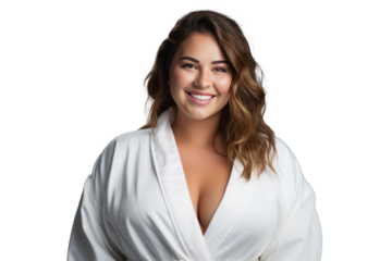 beautiful woman and chubby wearing a bathrobe isolated on transparent and white background.PNG image.	