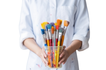 Woman painter hands holding set of paintbrushes and oil paints isolated on transparent and white background.PNG image.