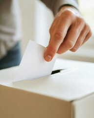 Close up of man's hand dropping a ballot into a ballot box.