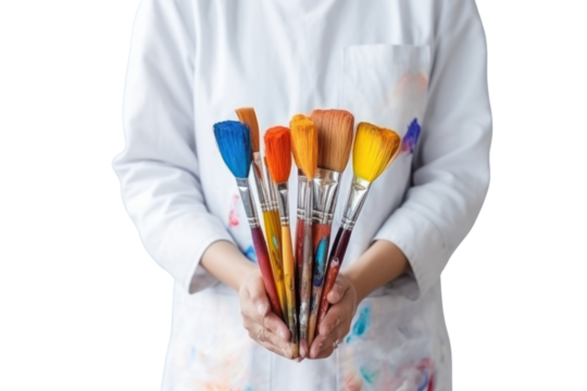 Woman painter hands holding set of paintbrushes and oil paints isolated on transparent and white background.PNG image.