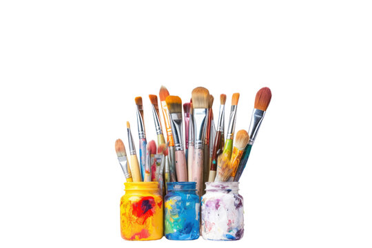 paintbrushes and oil paint kit isolated on transparent and white background.PNG image.	