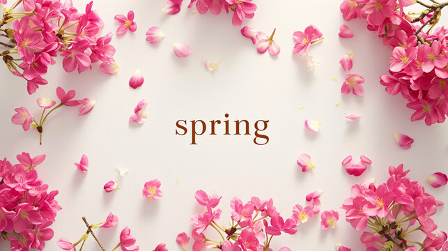 Lettering spring with plants, leaves and colorful flowers on light beige background. Hello spring, 1 march concept. Template for greeting card, invitation, banner, poster