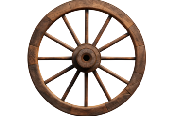 Wooden wagon wheel isolated on transparent and white background.PNG image.	