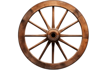 Wooden wagon wheel isolated on transparent and white background.PNG image.	