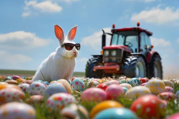 Foto op Canvas white rabbit with sunglasses on a tractor in a field of easter eggs © chali