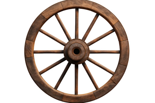 Wooden wagon wheel isolated on transparent and white background.PNG image.	