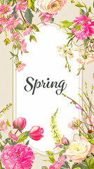 Lettering spring with plants, leaves and colorful flowers on white background. Hello spring, 1 march concept. Template for greeting card, invitation, banner, poster