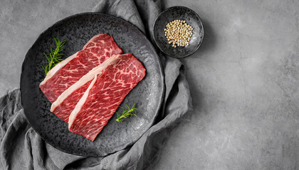 wagyu, Japanese beef. top view of Sliced wagyu marbled beef for yakiniku on black plate, copy space