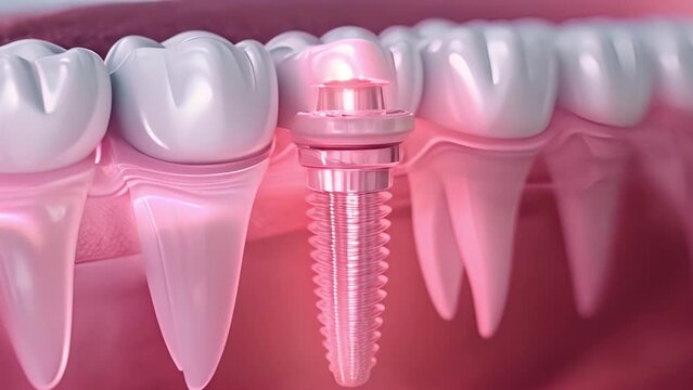 Closeup white tooth and gum with Dental implant , Human Teeth for Medical Concept, 4k video. Dental teeth implant healthy teeth and tooth human dentura close up