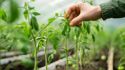 Fototapeta na wymiar A hand carefully adjusting a row of miniature tomato plants in a greenhouse their thick stems and vibrant green leaves standing tall.