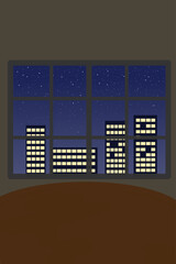 illustration of a window with a building in the background at night and stars