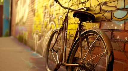 Foto auf Alu-Dibond a vintage bicycle leaning casually against a vibrant brick wall adorned with colorful street art © boti1985