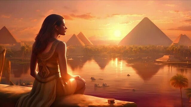 Landscape with ancient Egyptian pyramids, beautiful sky and sunset. The concept of ancient history. AI-generated.