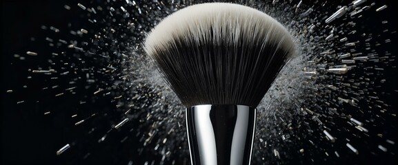 A dynamic image of a makeup brush with a captivating burst of powder, creating a dramatic effect