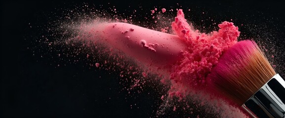 Dynamic image of a paintbrush launching an explosion of vibrant pink powder against a dark backdrop