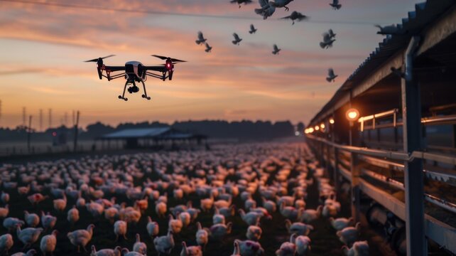 Drone equipped with night vision cameras flying over a poultry farm at night to deter predators and ensure the safety