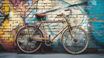 Foto op Canvas a vintage bicycle leaning casually against a vibrant brick wall adorned with colorful street art © boti1985