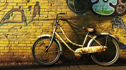 Poster a vintage bicycle leaning casually against a vibrant brick wall adorned with colorful street art © boti1985