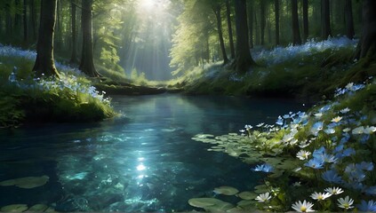 magical and very light atmosphere forest and country,very réalist, emerging from the water with a light, floral , HD, blu sky+white and blues flowers big