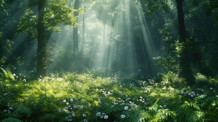 A dense and lush forest with towering trees, dappled sunlight