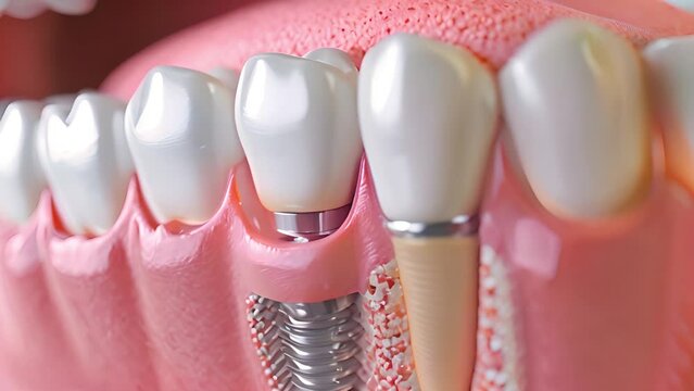 Closeup white tooth and gum with Dental implant , Human Teeth for Medical Concept, 4k video. Dental teeth implant healthy teeth and tooth human dentura close up