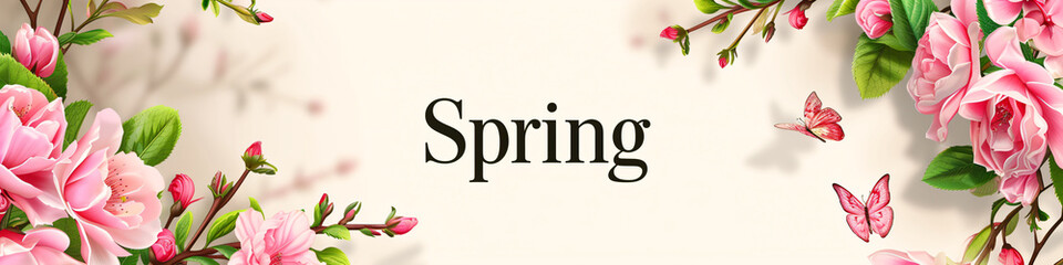 Lettering spring with plants, leaves and colorful flowers on light beige background. Hello spring, 1 march concept. Template for greeting card, invitation, banner, poster