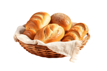 Bread and rolls in wicker basket isolated on transparent and white background.PNG image.	