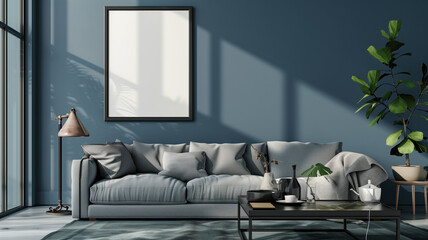 Modern beige living room with mock-up structural painting, created sculpture, inspired personal items, and cozy textured rugs. Template. Generative AI