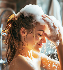 Young woman washes hair with shampoo